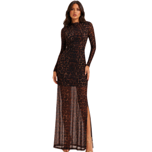 Foto1 - VESTIDO ANIMAL PRINT EM TULE LONGO COM FENDA LATERAL