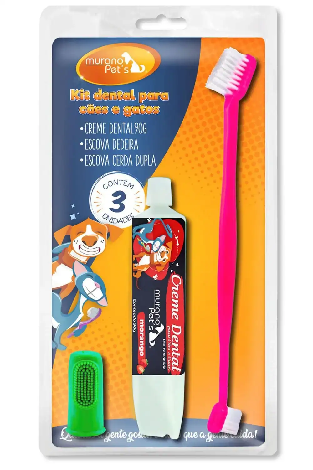 Imagem do produto KIT DENTAL CREME DENTAL MORANGO, ESCOVA E DEDEIRA PARA CÃES E GATOS