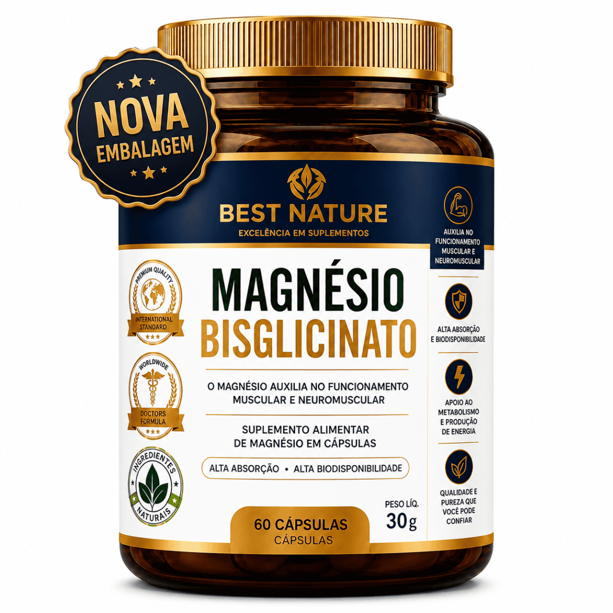 Foto 1 - Magnésio Quelato Bisglicinato Inorgânico Vegana 350mg 60 Cápsulas