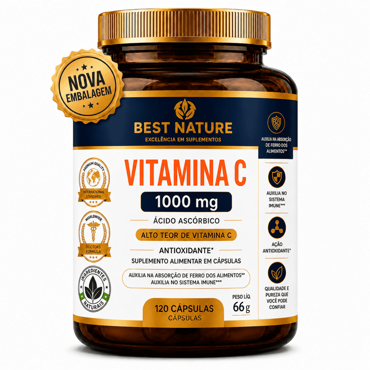 Foto 1 - VITAMINA C 1.000mg Ácido Ascórbico Puro 120 Cápsulas 60 Porções