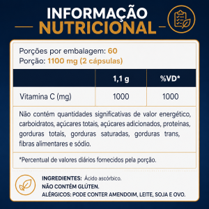 Foto2 - VITAMINA C 1.000mg Ácido Ascórbico Puro 120 Cápsulas 60 Porções