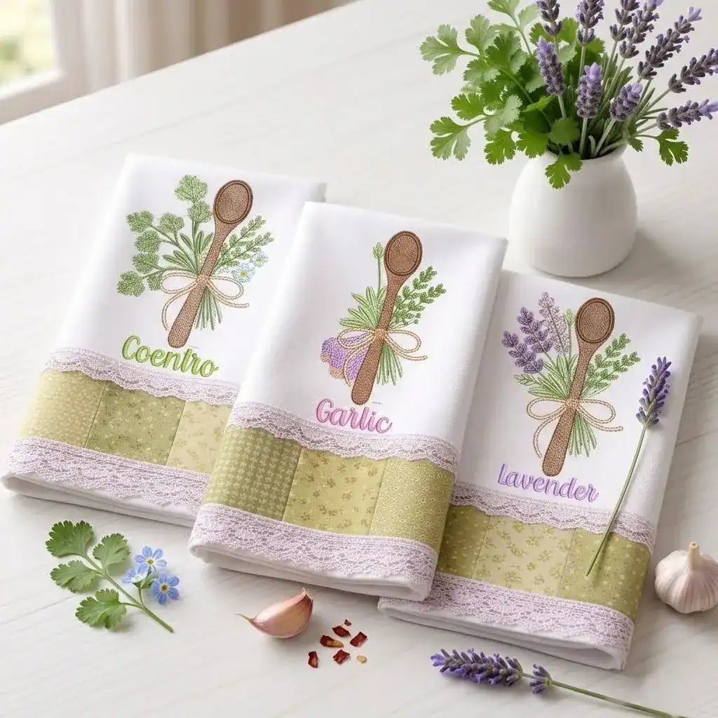 Foto 1 - 15 Matrizes de Bordado Ervas e Temperos Colher de Pau Alho Coentro Lavanda para Panos de Prato (download imediato)