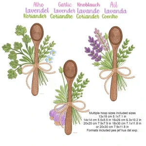 Foto3 - 15 Matrizes de Bordado Ervas e Temperos Colher de Pau Alho Coentro Lavanda para Panos de Prato (download imediato)