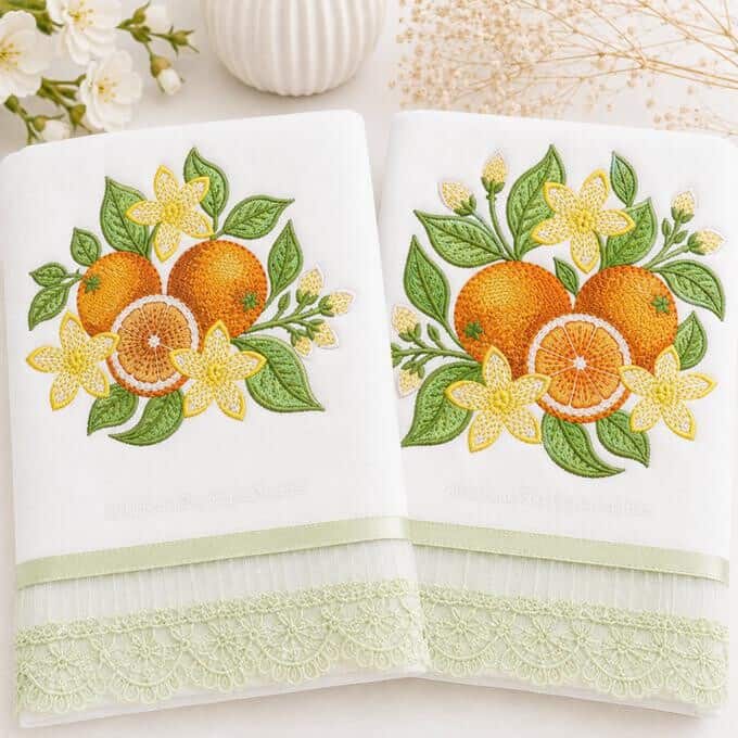 Foto 1 - 2 Matrizes de bordado Frutas Laranjas Flores e Ramos para bordar enxoval de cozinha - download imediato