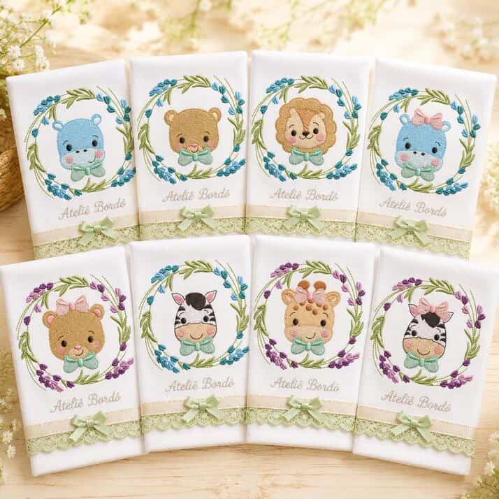 Foto 1 - 20 Matrizes de Bordado Carinhas Menino e Menina Tigre leao Macaco Girafa Elefante Urso com lavandas Infantil - safari baby embroidery design