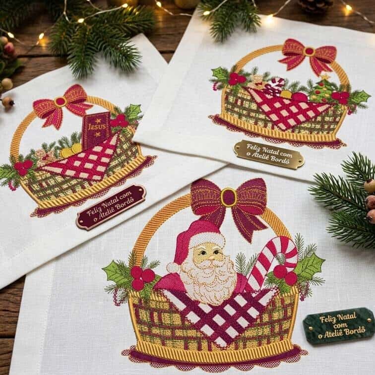 Foto 1 - 3 Matrizes de Bordado Cestas de Natal Papai Noel e Enfeites - Coleção Natalina para Toalhas e Panos de Prato