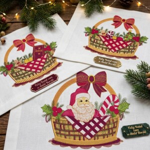 Foto1 - 3 Matrizes de Bordado Cestas de Natal Papai Noel e Enfeites - Coleção Natalina para Toalhas e Panos de Prato