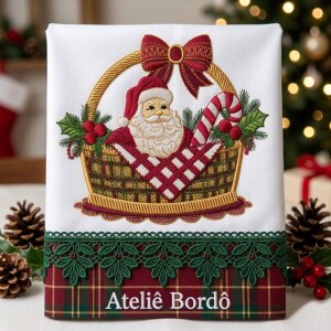 Foto3 - 3 Matrizes de Bordado Cestas de Natal Papai Noel e Enfeites - Coleção Natalina para Toalhas e Panos de Prato