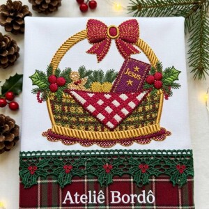 Foto5 - 3 Matrizes de Bordado Cestas de Natal Papai Noel e Enfeites - Coleção Natalina para Toalhas e Panos de Prato