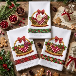 Foto4 - 3 Matrizes de Bordado Cestas de Natal Papai Noel e Enfeites - Coleção Natalina para Toalhas e Panos de Prato
