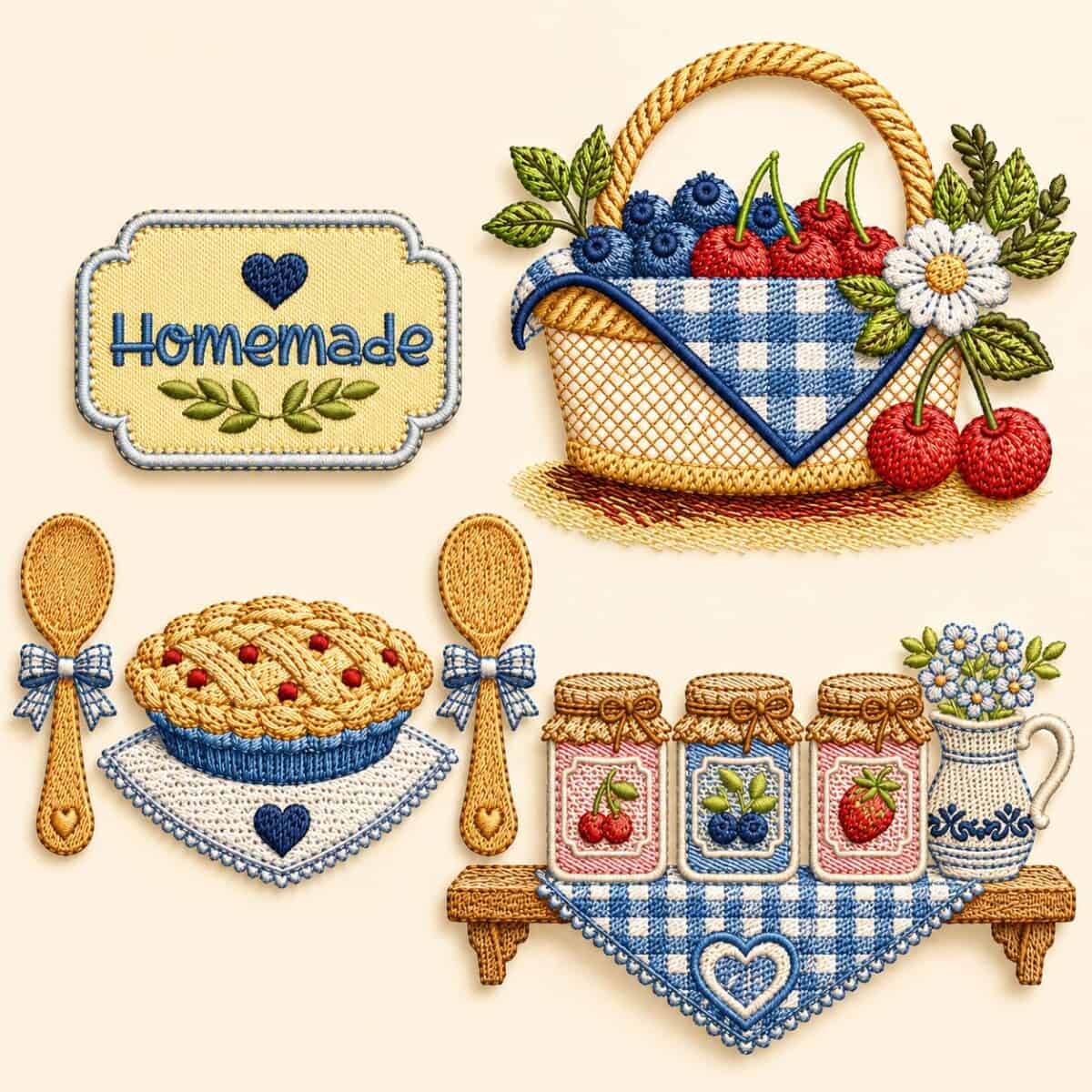 Foto 1 - 3 Matrizes de bordado farm house Potes Geleia Cerejas Blueberry Homemade Berry Patch kitchen