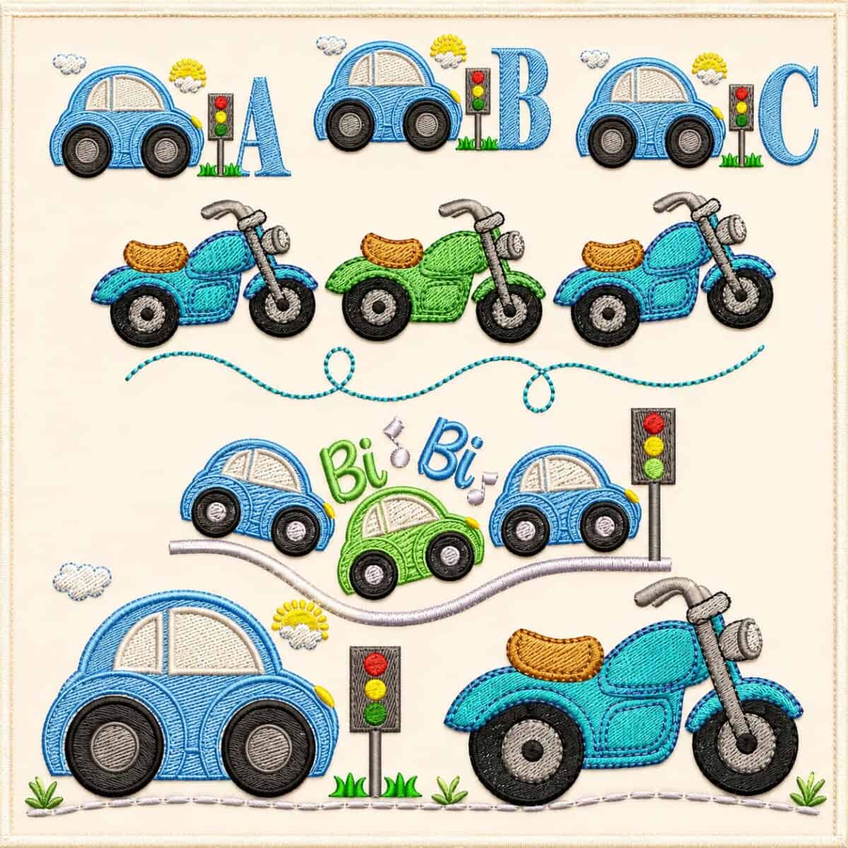 Foto 1 - 30 Matrizes de Bordado Carrinho Motocicleta Semaforo Infantil Transito - Baby Boy Transportation Embroidery