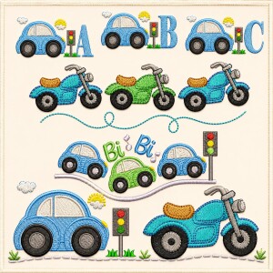 Foto1 - 30 Matrizes de Bordado Carrinho Motocicleta Semaforo Infantil Transito - Baby Boy Transportation Embroidery