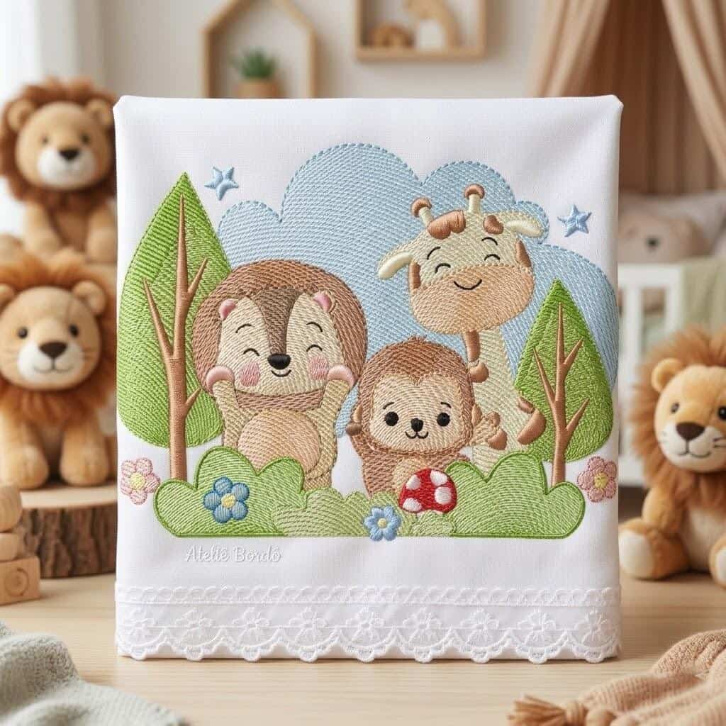 Foto 1 - 5 Matrizes de Bordado Safari Paisagem Animais Leao Girafa Guaxinim Macaco - Safari Baby Embroidery - download imediato