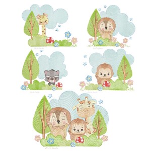 Foto4 - 5 Matrizes de Bordado Safari Paisagem Animais Leao Girafa Guaxinim Macaco - Safari Baby Embroidery - download imediato