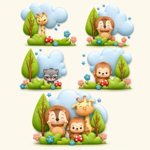 Foto2 - 5 Matrizes de Bordado Safari Paisagem Animais Leao Girafa Guaxinim Macaco - Safari Baby Embroidery - download imediato