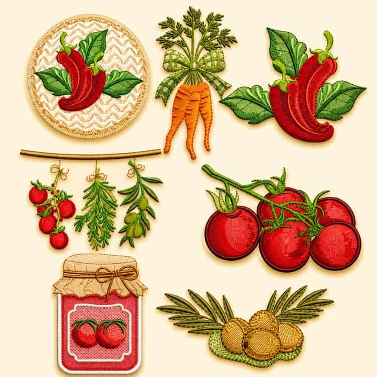 Foto 1 - 7 Matrizes de bordado Ervas, Temperos, Legumes, Pimentas, Varal de Cozinha para bordar enxoval - Kitchen embroidery designs