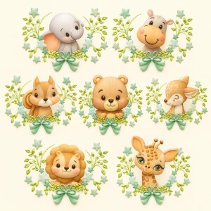 Foto1 - 7 Matrizes De Bordado Safari Cervo Elefante Girafa Hipopotamo Esquilo Urso Estrelas - múltiplos tamanhos - baby Embroidery Design