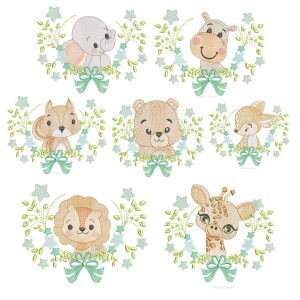 Foto3 - 7 Matrizes De Bordado Safari Cervo Elefante Girafa Hipopotamo Esquilo Urso Estrelas - múltiplos tamanhos - baby Embroidery Design