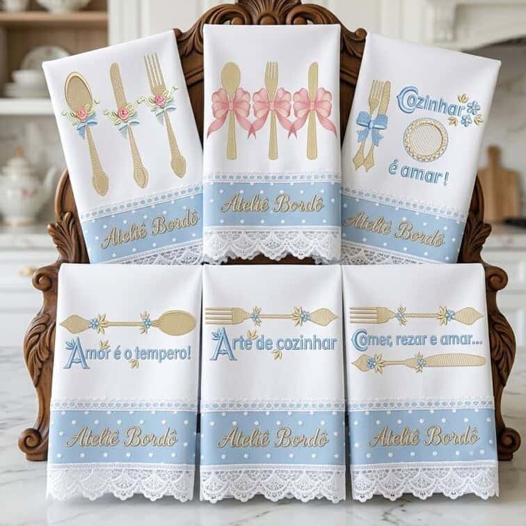 Foto 1 - kit 10 Matrizes de Bordado Talheres Decorativos Florais e Frases de Cozinha - Kitchen Embroidery Designs download imediato