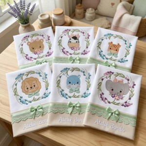 Foto4 - 20 Matrizes de Bordado Carinhas Menino e Menina Tigre leao Macaco Girafa Elefante Urso com lavandas Infantil - safari baby embroidery design