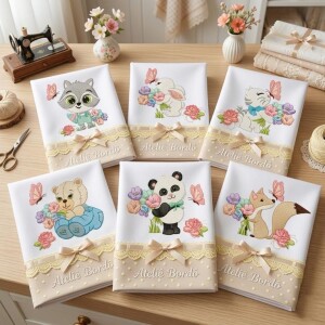 Foto1 - Kit 6 Matrizes de Bordado Safari Baby Bichinhos Floristas Infantil para Enxoval Bebê - download imediato