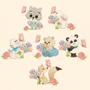 Foto2 - Kit 6 Matrizes de Bordado Safari Baby Bichinhos Floristas Infantil para Enxoval Bebê - download imediato