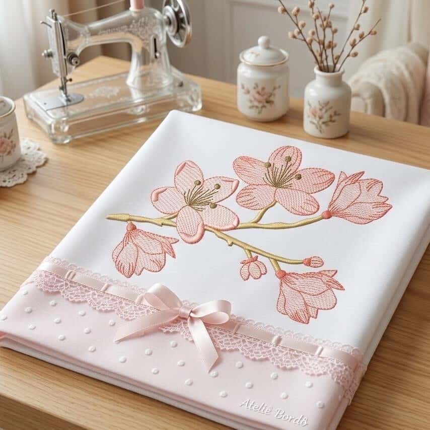 Foto 1 - Matriz de Bordado Flor de Cerejeira com Ramos Florais Delicados para Enxoval - download imediato