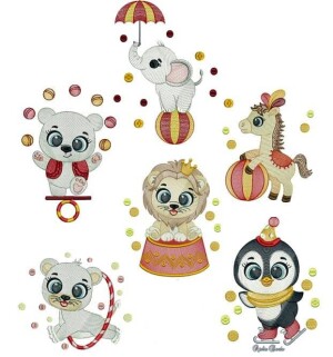 Foto3 - Matrizes de bordado Circo Leao Urso Elefante Cavalo Pinguim para bordar enxoval infantil - download imediato