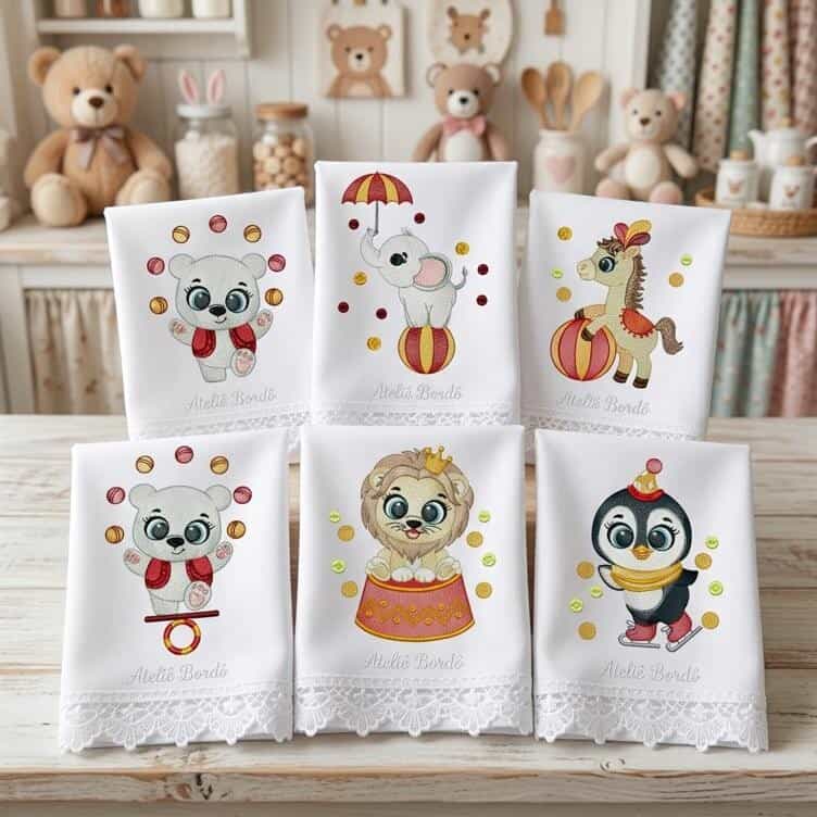 Foto 1 - Matrizes de bordado Circo Leao Urso Elefante Cavalo Pinguim para bordar enxoval infantil - download imediato