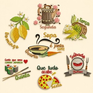 Foto4 - Matrizes de bordado regador semaninha sushi pizza comida japonesa milho para bordar enxoval de cozinha - download imediato