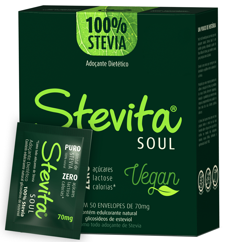 Foto 1 - Adoçante Stevia Soul em pó 0.7g Stevita caixa c/ 50 envelopes