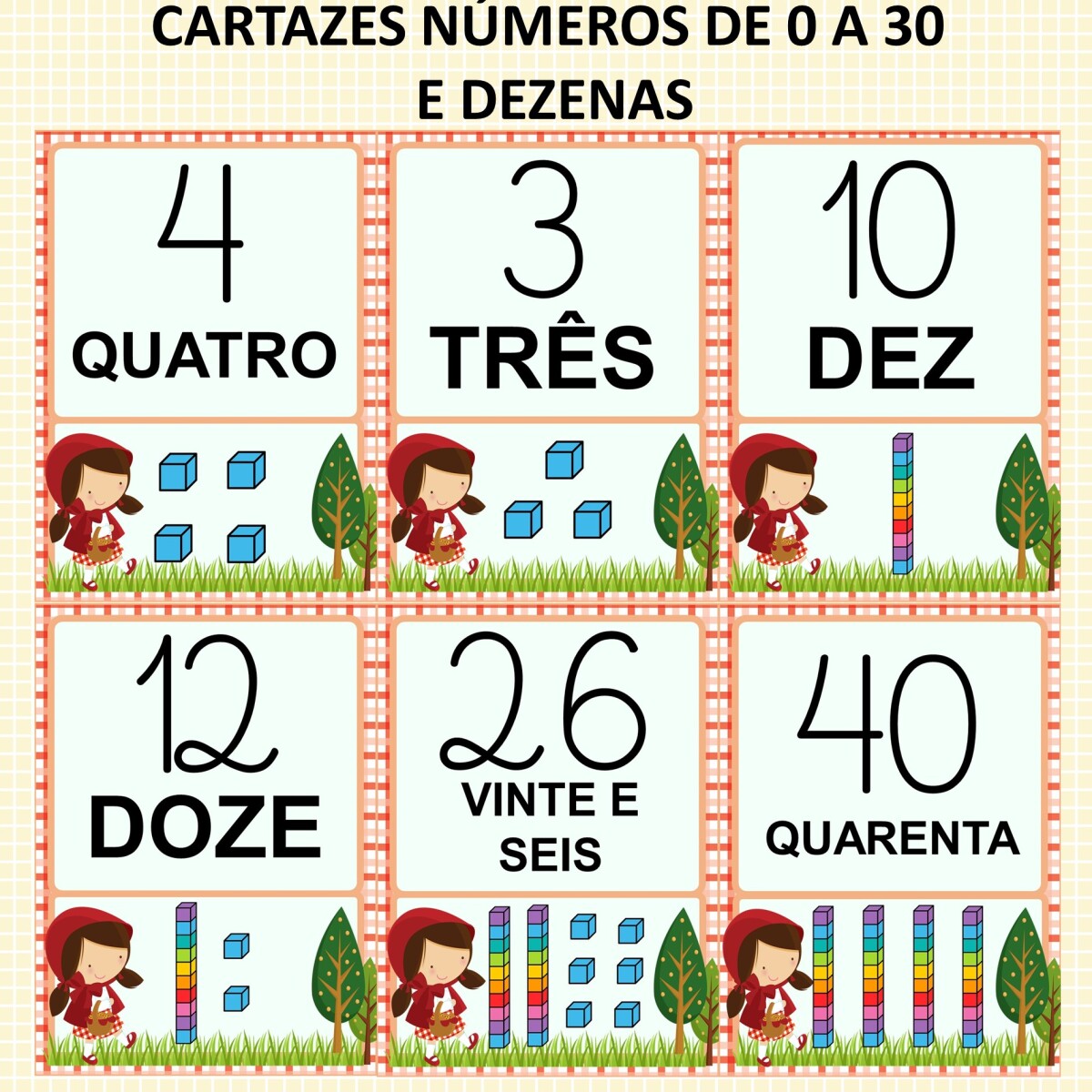 Imagem do produto Cartazes números de 0 a 30 e dezenas com material dourado Chapeuzinho Vermelho