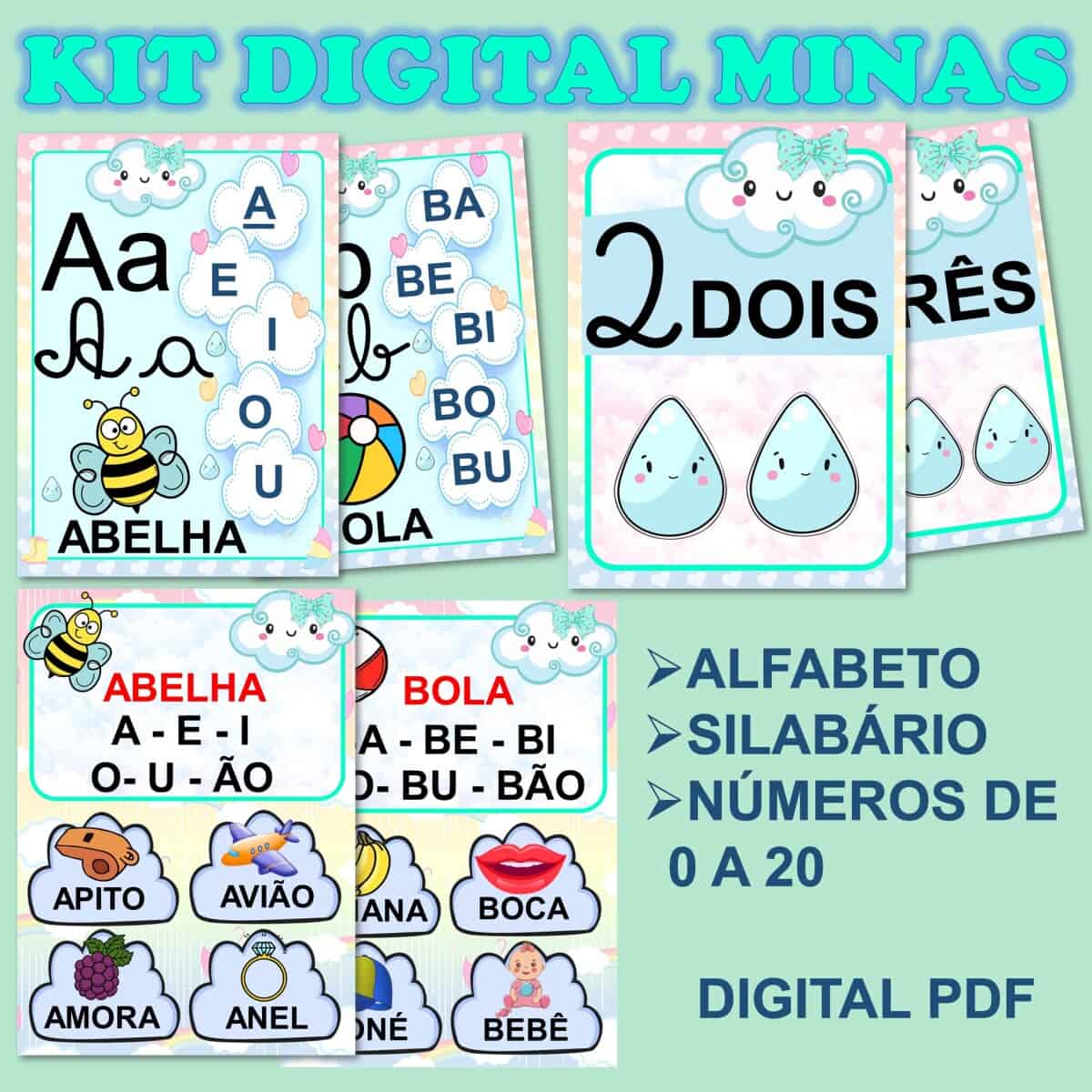 Imagem do produto Kit digital alfabeto Minas + silabário + números de 0 a 20 Chuva de Amor
