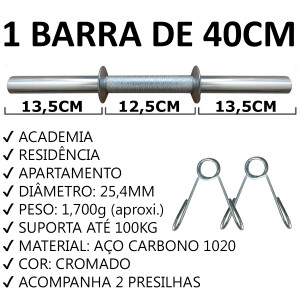 Foto6 - Kit 1 Barra / Halter Maciça de 40cm + 14kg de Anilhas para Musculação