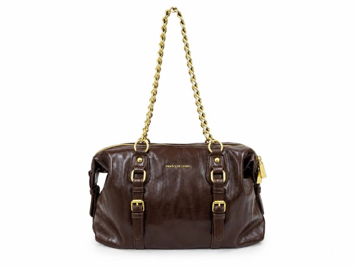 Foto 1 - Bolsa Feminina Marrom com Corrente Dourada - Pavão de Ouro