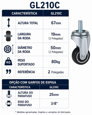 Foto2 - Rodízio Industrial L10 com Roda C em Celeron - GL210C - Giratório sem Freio, com Freio e Fixo