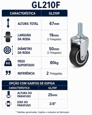 Foto2 - Rodízio Industrial L10 com Roda de Ferro Fundido (F) - GL210F - Giratório sem Freio, com Freio e Fixo