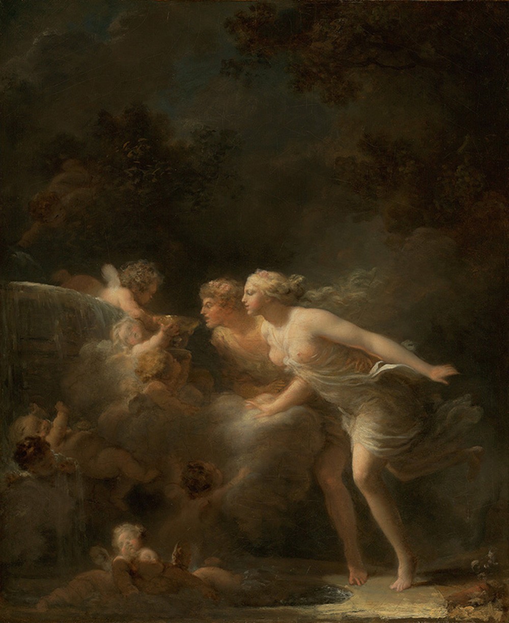 Foto 1 - A Fonte do Amor Jovem Casal Ansioso para Beber Água da Fonte Cupidos 1785 Pintura de Jean-Honoré Fragonard em TELA 
