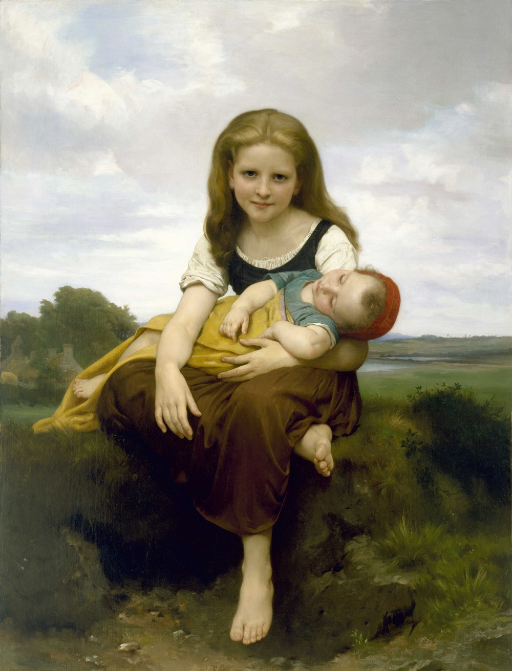 Foto 1 - A Irmã mais Velha Menina Segurando Carinhosamente Bebê no Colo Pintura de William Adolphe Bouguereau em TELA