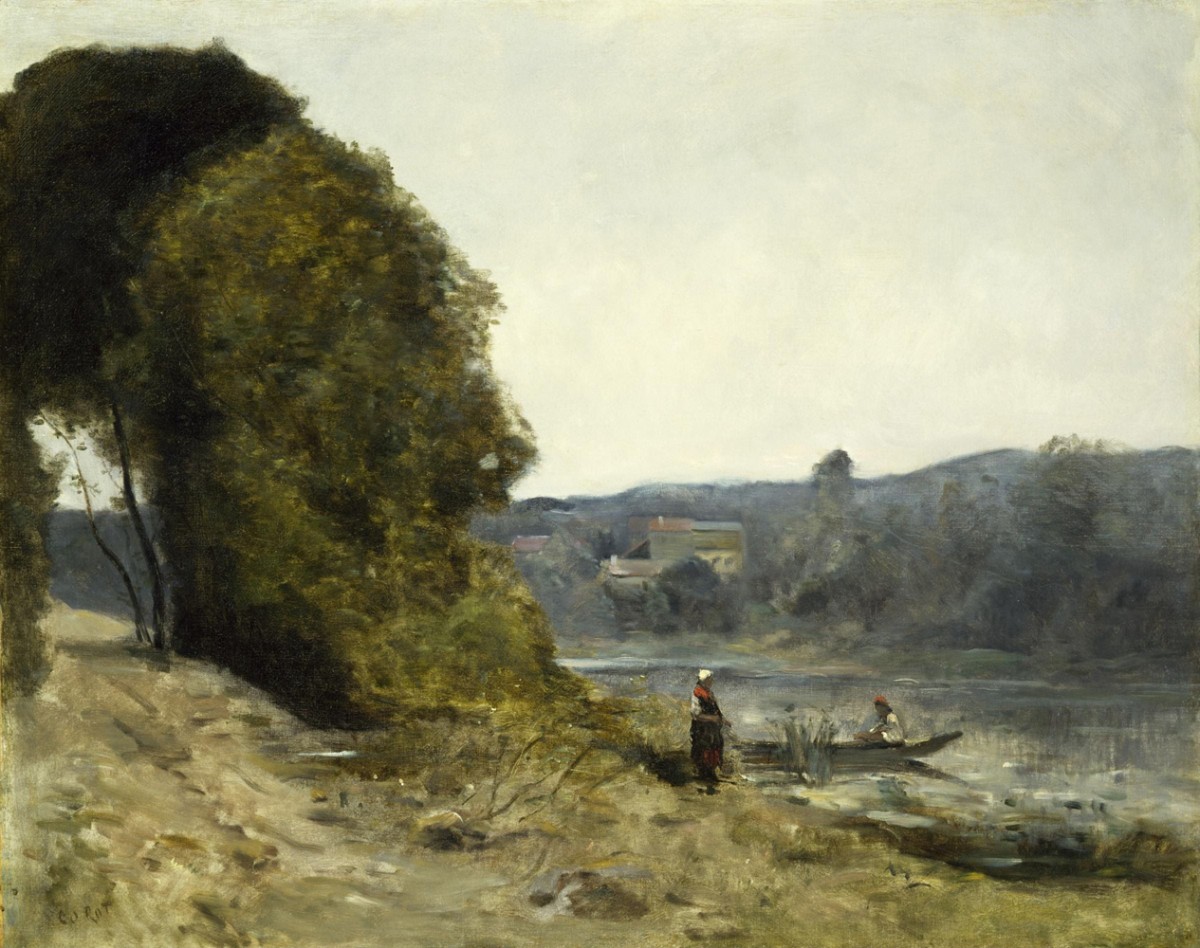Foto 1 - A Partida do Barqueiro Pequeno Barco no Rio Paisagem Rural 1870 França Pintura de Camille Corot em TELA 