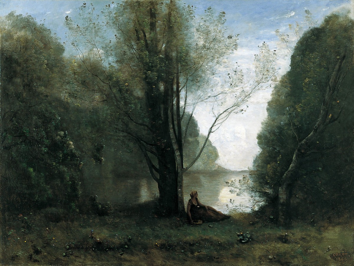Foto 1 - A Solidão Recordação de Le Vigen Limousin Mulher Sentada à Beira do Rio Floresta Paisagem 1866 França Pintura de Camille Corot em TELA 