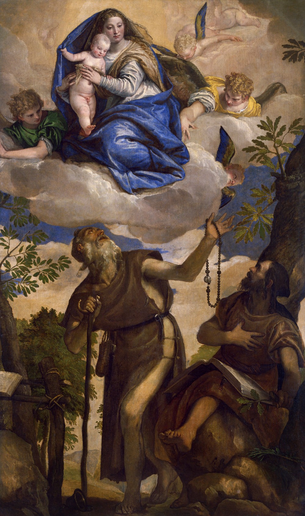 Foto 1 - A Virgem Maria e o Menino Jesus com Anjos aparecendo no Deserto aos Santos Antônio Abade e Paulo o Eremita Pintura de Paolo Veronese em TELA 
