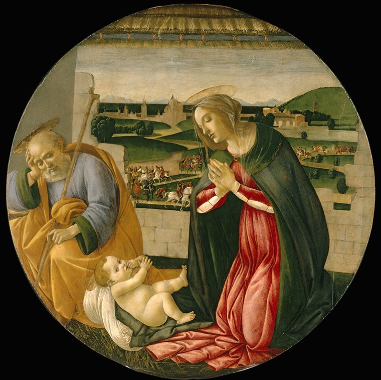 Foto 1 - Adoração do Menino Jesus Veneração Maria Ajoelhada Pintura de Sandro Botticelli em TELA 