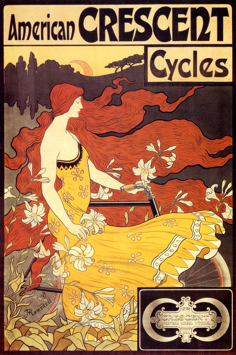 Foto 1 - American Crescent Cycles Bicicleta Jovem Ruiva Vintage Cartaz Poster em Papel Matte 