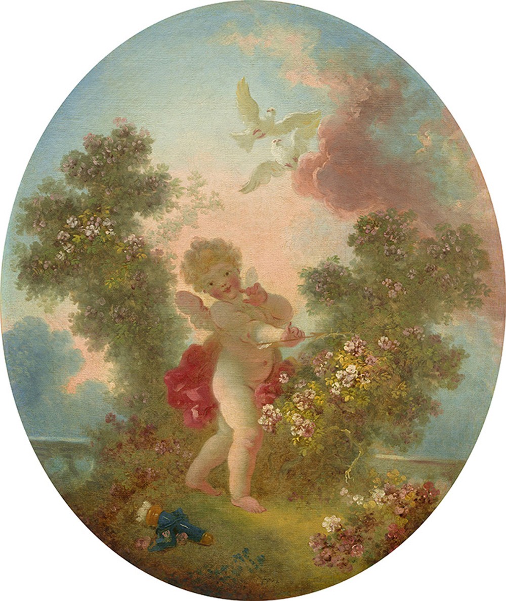 Foto 1 - Amor O Sentinela Cupido Gordinho Anjo Pombas Brancas Flores Pintura de Jean-Honoré Fragonard em TELA 