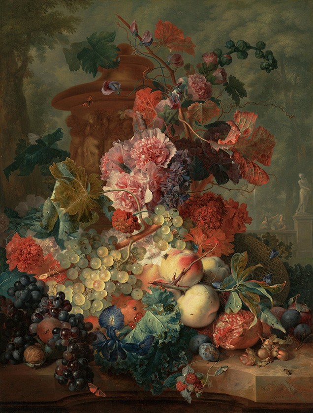 Foto 1 - Arranjo Assimétrico de Frutas Maduras Vítimas de Insetos Flores Caidas Pintura de Jan van Huysum em TELA 