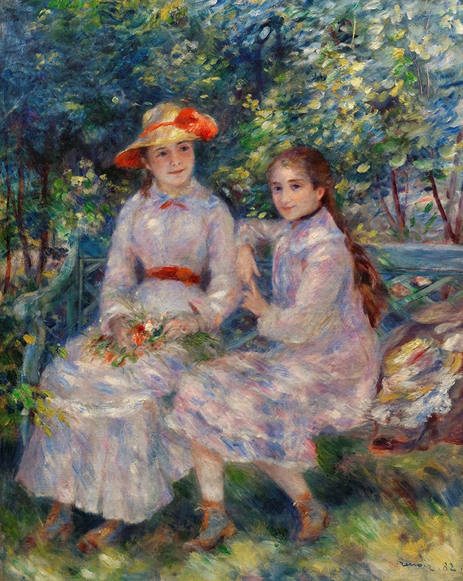 Foto 1 - As Filhas de Paul Durand-Ruel Efeito Luz Solar nos Vestidos Brancos das Meninas Retrato Pintura de Pierre Auguste Renoir em TELA