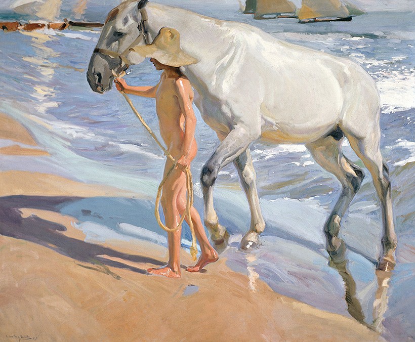 Foto 1 - Banho de Mar do Cavalo Branco Menino Puxando Freio Praia Valência Espanha Pintura de Joaquín Sorolla em TELA 