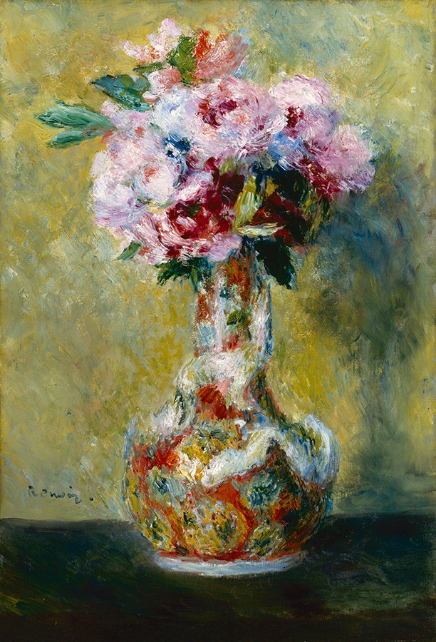 Foto 1 - Buquê em um Vaso Arranjo de Flores Cor de Rosa Pintura de Pierre Auguste Renoir em TELA
